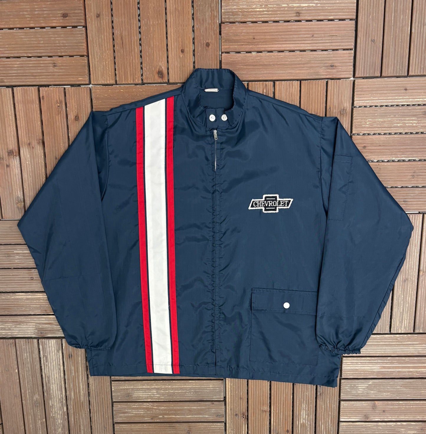 Chevrolet Stitched Graphic Windbreaker | Size X-Large | Vintage 1980s Promotional Blue Jacket |