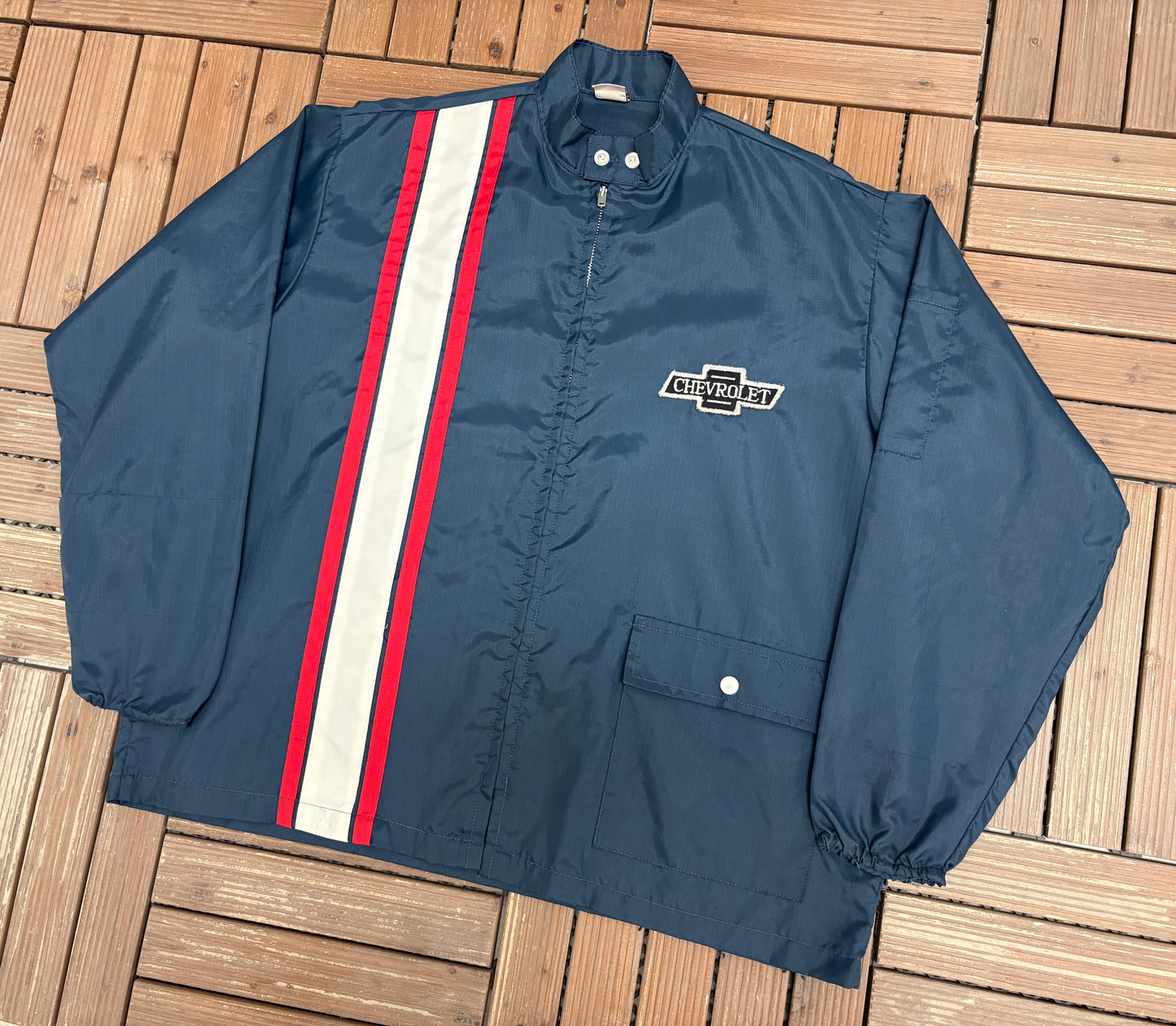 Chevrolet Stitched Graphic Windbreaker | Size X-Large | Vintage 1980s Promotional Blue Jacket |