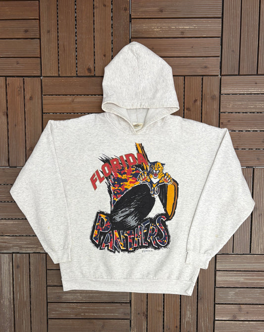 Florida Panthers Graphic Hoodie | Size Large | Vintage 1990s NHL Hockey Grey Sweatshirt |