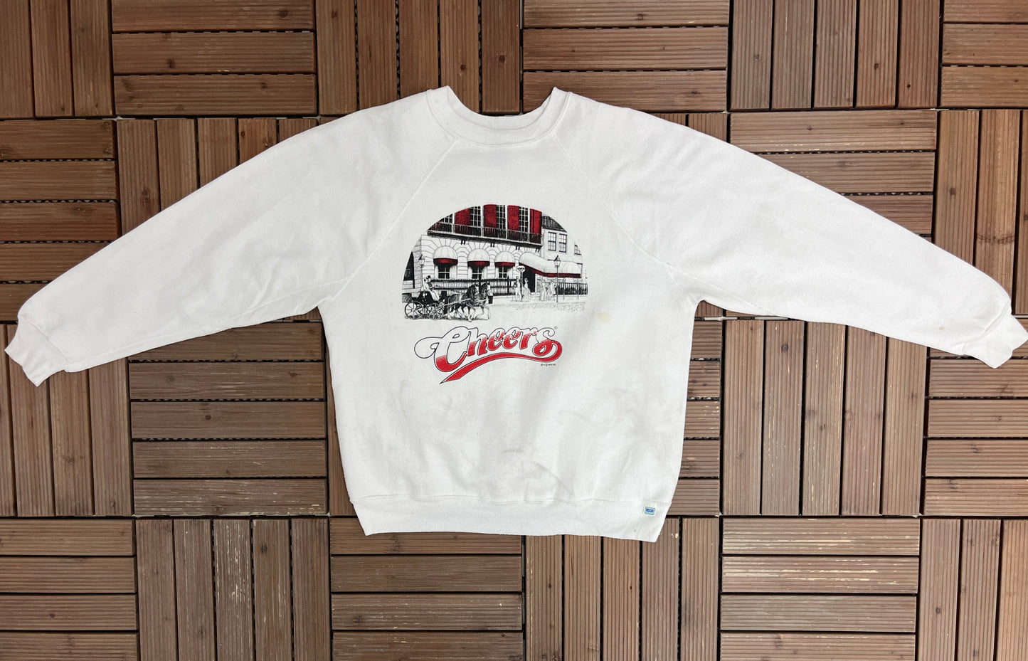 Cheers Boston Graphic Crewneck | Size Medium | Vintage 1980s Television Series Promotional White Sweater |