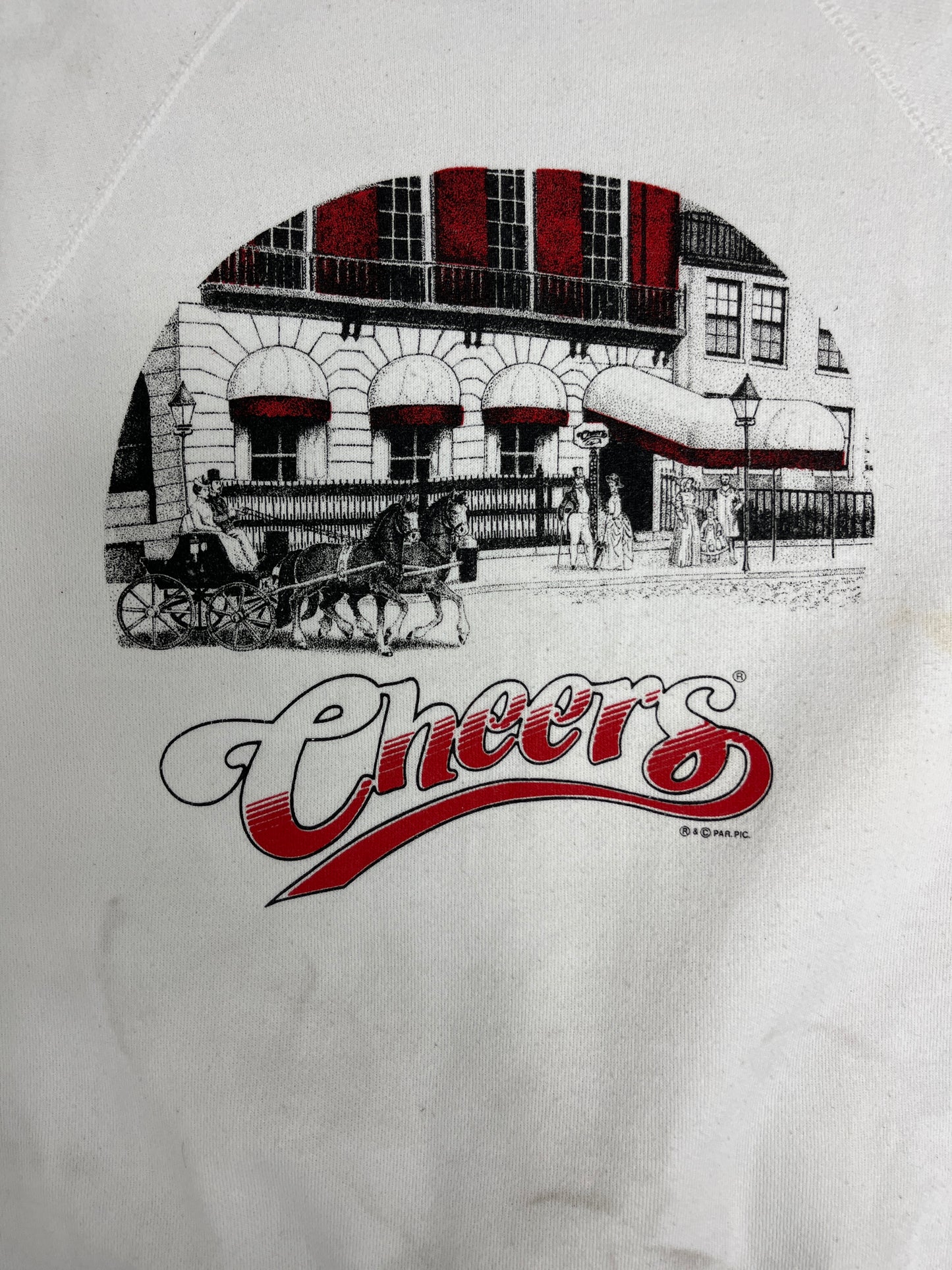 Cheers Boston Graphic Crewneck | Size Medium | Vintage 1980s Television Series Promotional White Sweater |