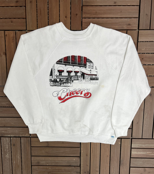 Cheers Boston Graphic Crewneck | Size Medium | Vintage 1980s Television Series Promotional White Sweater |