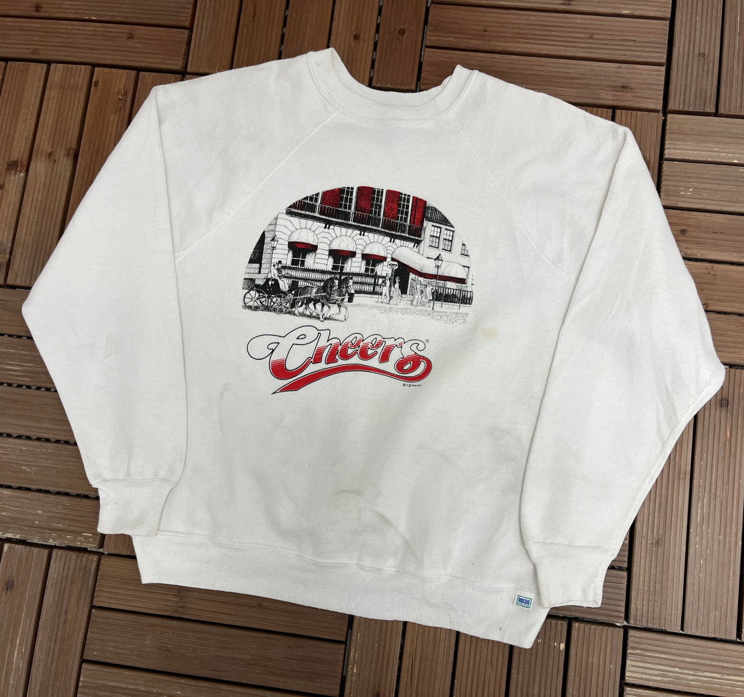 Cheers Boston Graphic Crewneck | Size Medium | Vintage 1980s Television Series Promotional White Sweater |