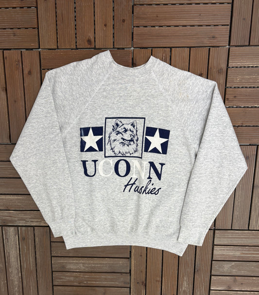 UConn Huskies Graphic Crewneck | Size Large | Vintage 1980s College Sports Grey Sweater |