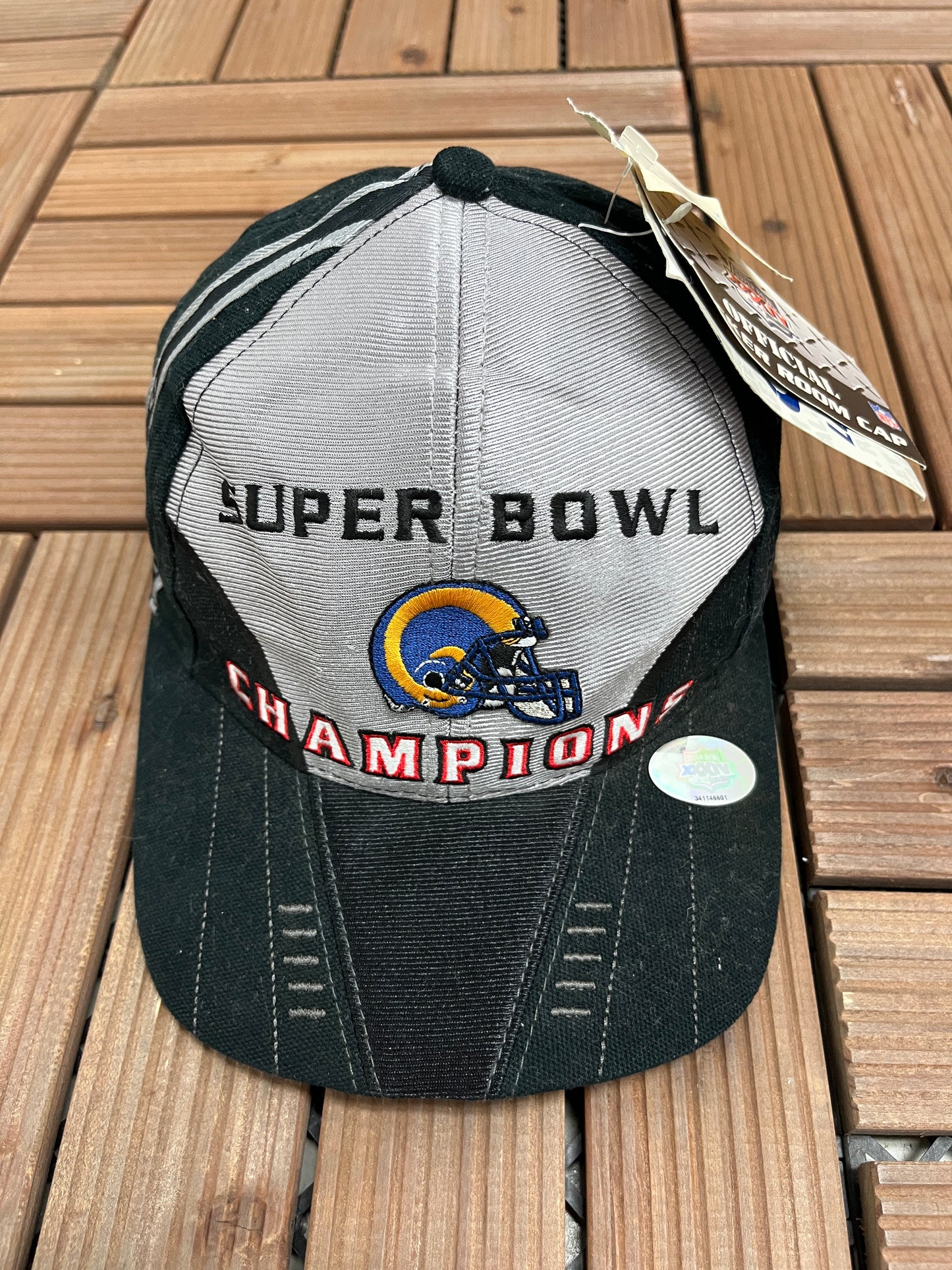 St. Louis Rams Super Bowl Champions Graphic Hat | Strap Back | Vintage 2000s Logo Athletic Black NFL Football Cap |