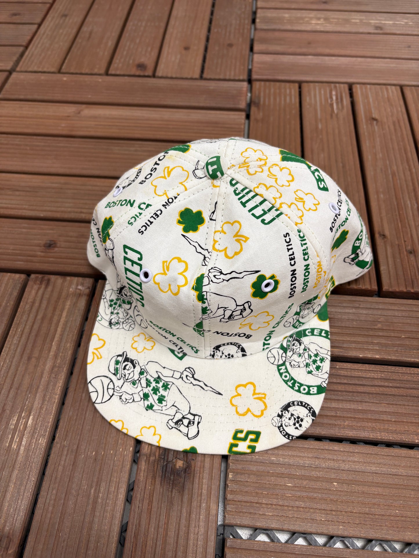 Boston Celtics All Over Print Graphic Hat | Snap Back | Vintage 1990s NBA Basketball White Hat |