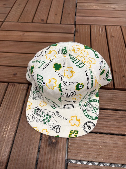 Boston Celtics All Over Print Graphic Hat | Snap Back | Vintage 1990s NBA Basketball White Hat |
