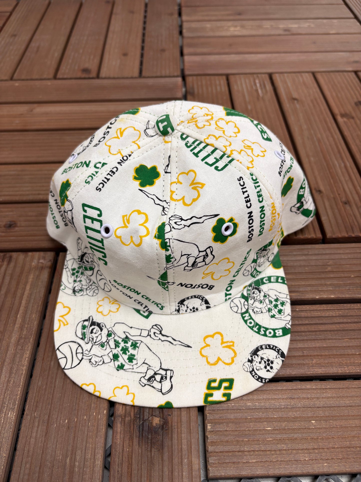 Boston Celtics All Over Print Graphic Hat | Snap Back | Vintage 1990s NBA Basketball White Hat |