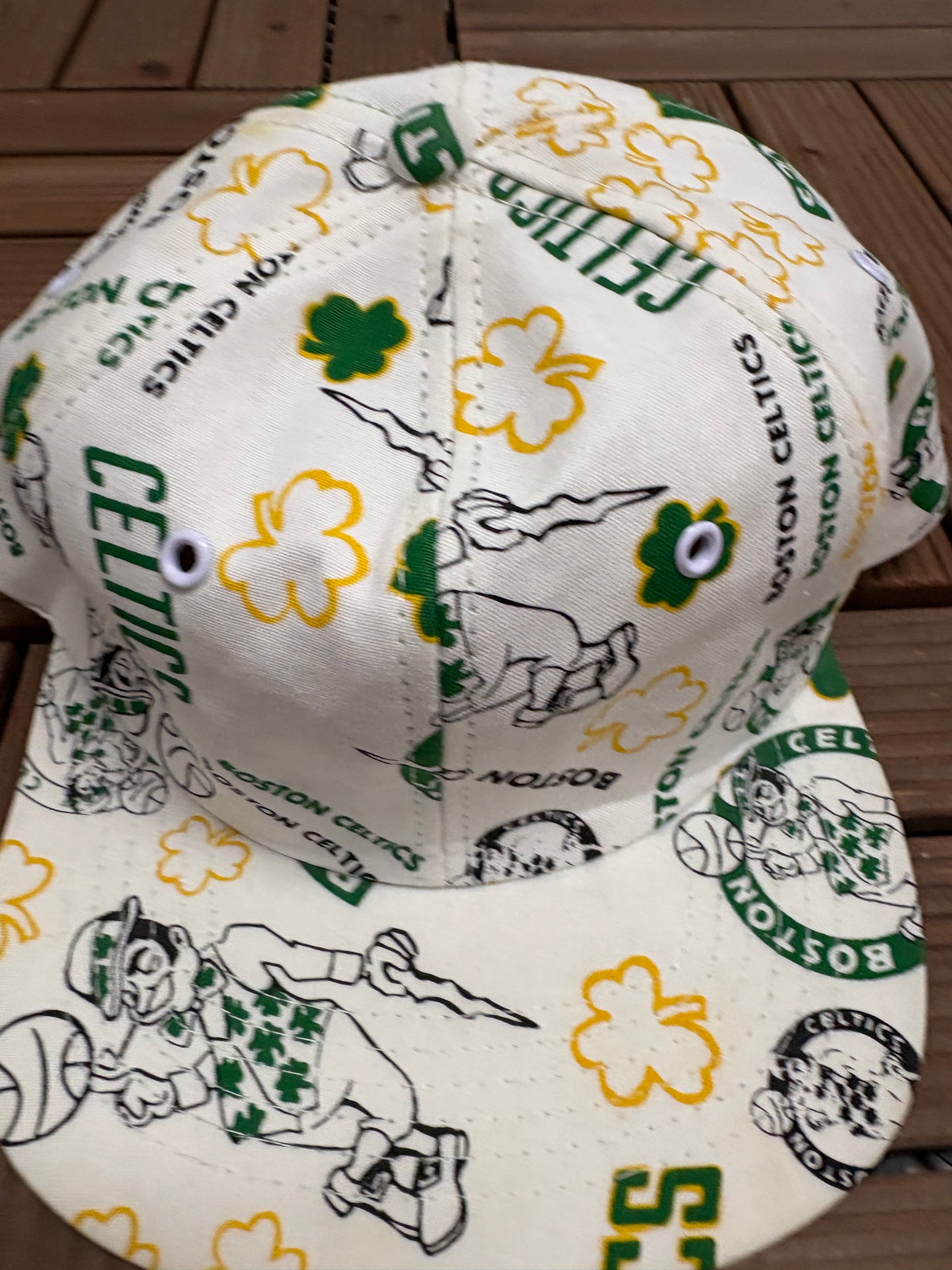 Boston Celtics All Over Print Graphic Hat | Snap Back | Vintage 1990s NBA Basketball White Hat |