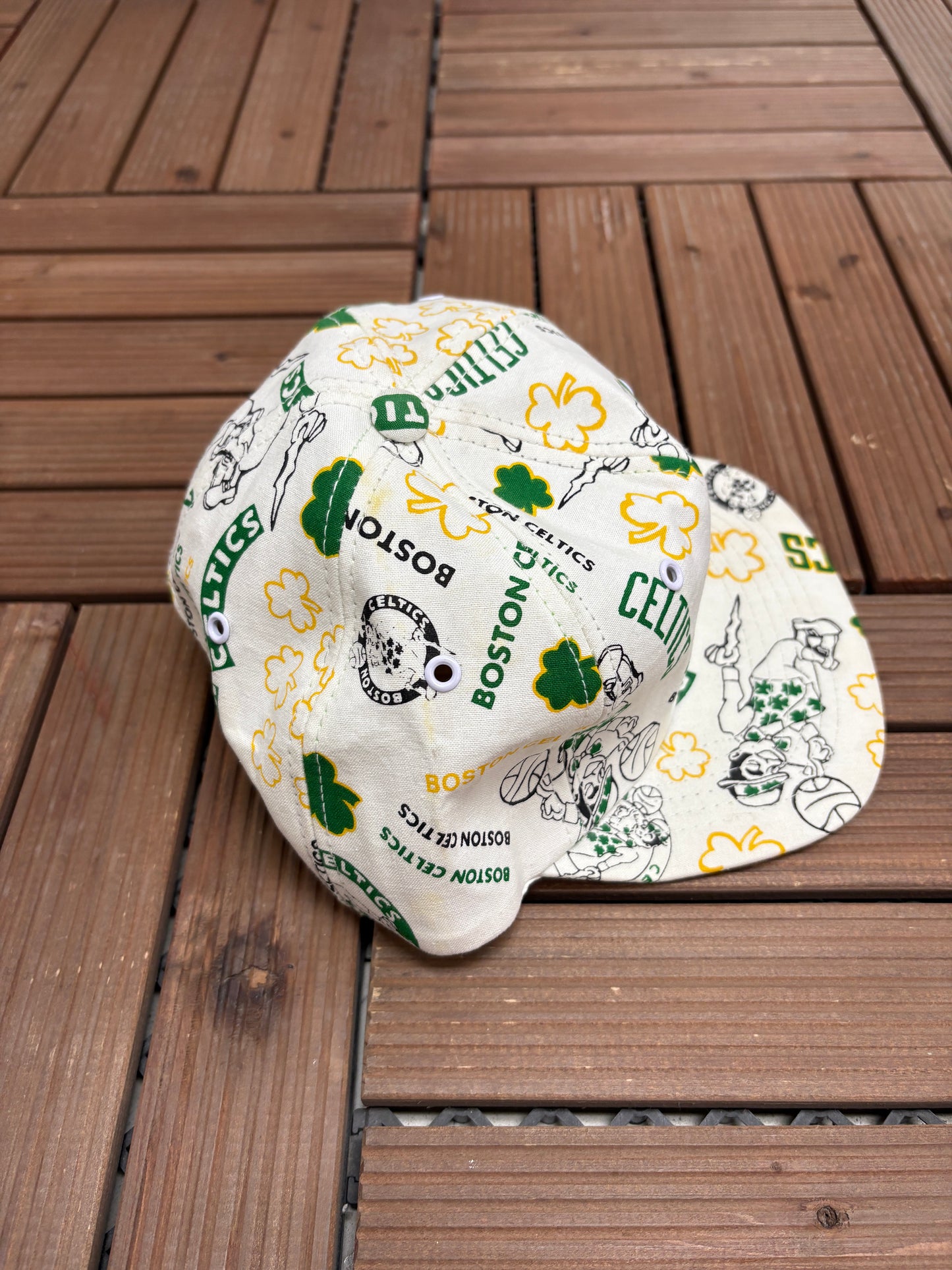 Boston Celtics All Over Print Graphic Hat | Snap Back | Vintage 1990s NBA Basketball White Hat |