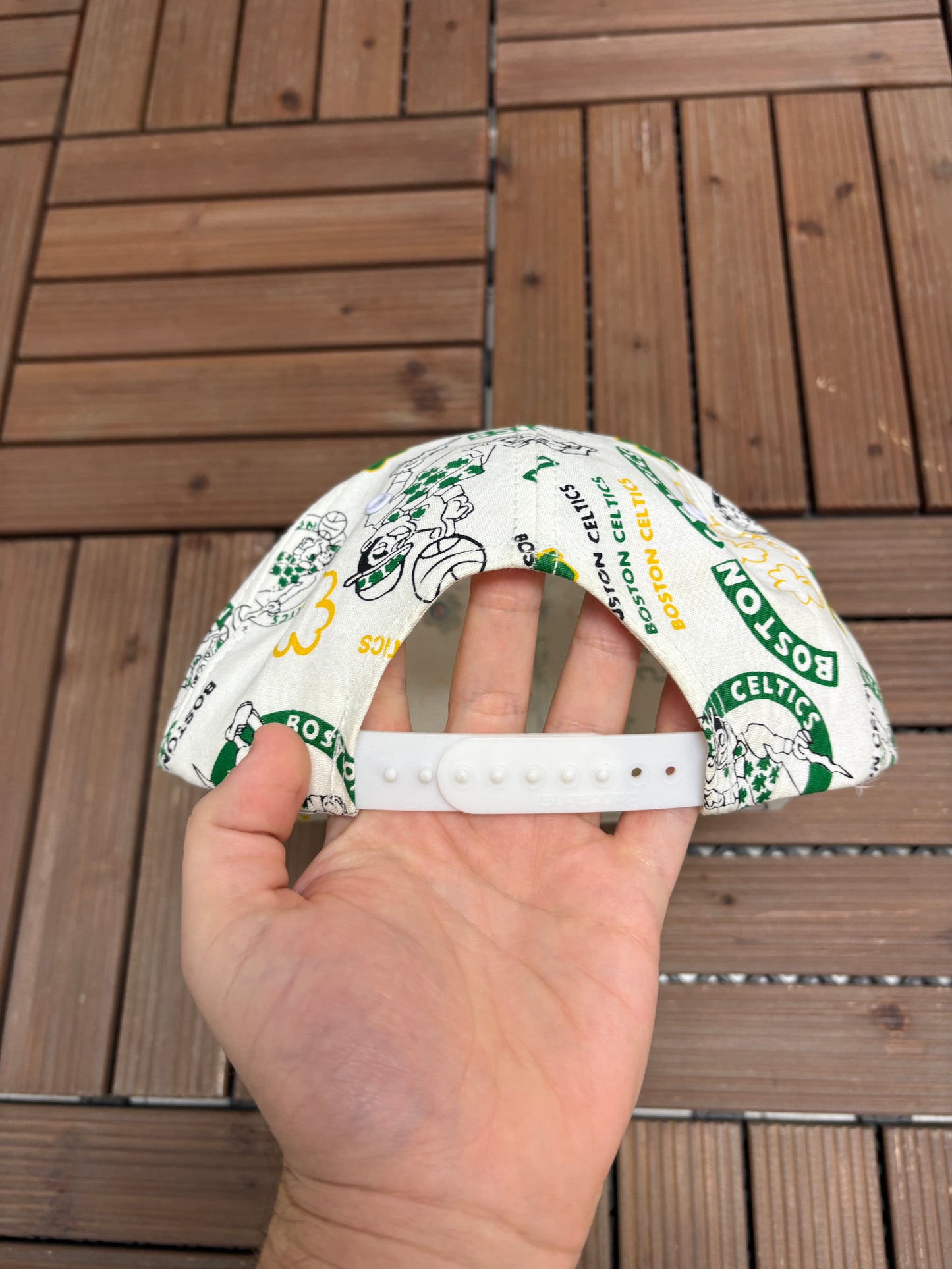 Boston Celtics All Over Print Graphic Hat | Snap Back | Vintage 1990s NBA Basketball White Hat |