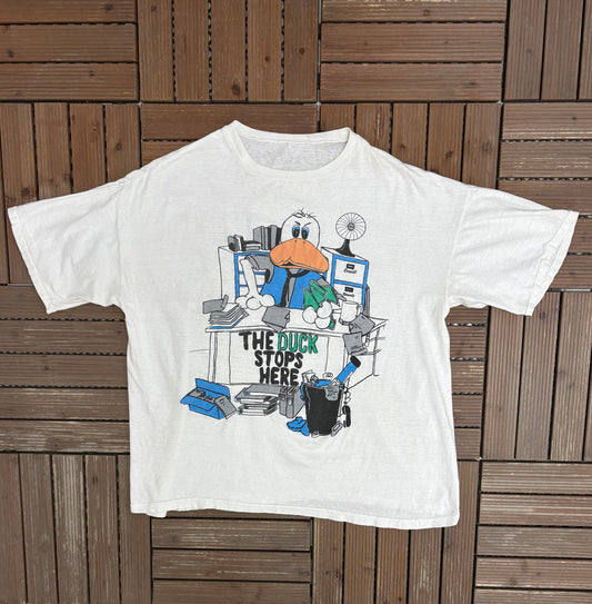 The Duck Stops Here Graphic Tee | Size Large | Vintage 1990s Cartoon White T-Shirt |