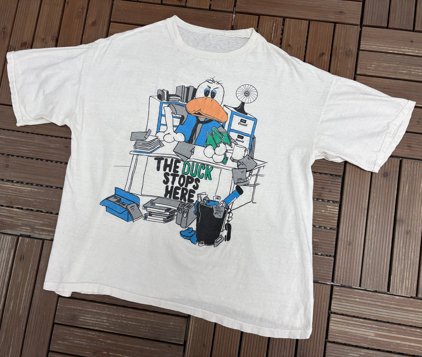 The Duck Stops Here Graphic Tee | Size Large | Vintage 1990s Cartoon White T-Shirt |