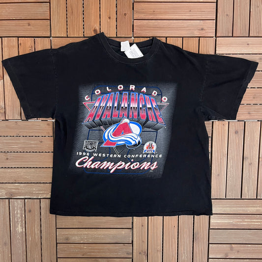 Colorado Avalanche 1996 Western Conference Champions Graphic Tee | Size X-Large | Vintage 1990s NHL Hockey Black T-Shirt |