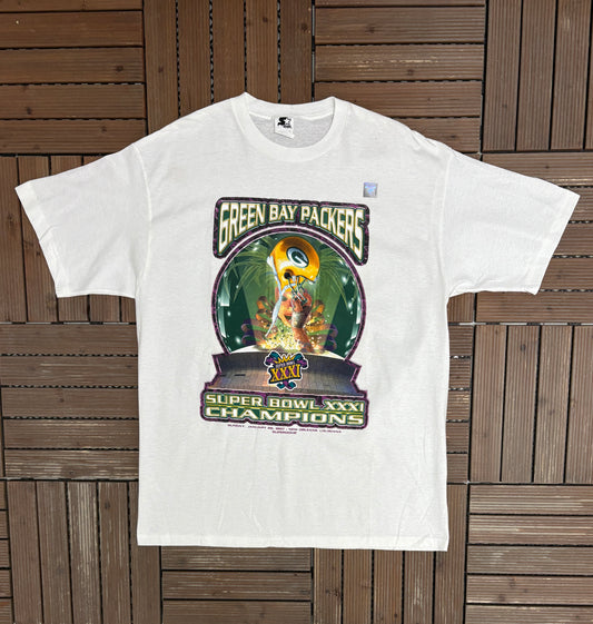 Green Bay Packers Super Bowl XXXI Champions Graphic Tee | Size Large | Vintage 1990s NFL Football White T-Shirt |