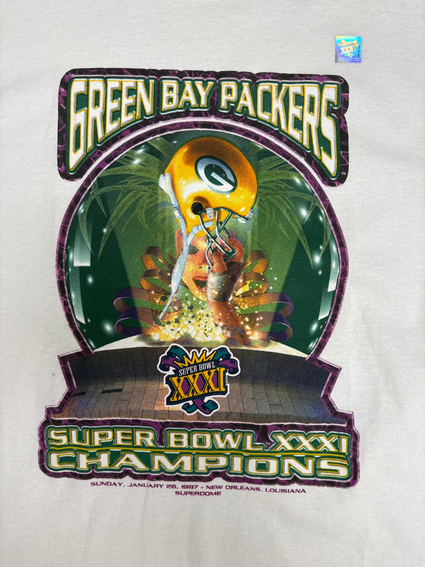 Green Bay Packers Super Bowl XXXI Champions Graphic Tee | Size Large | Vintage 1990s NFL Football White T-Shirt |