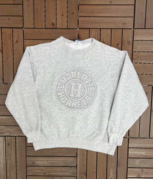 Charlotte Hornets Stitched Graphic Crewneck | Size X-Large | Vintage 1990s NBA Basketball Grey Sweater |