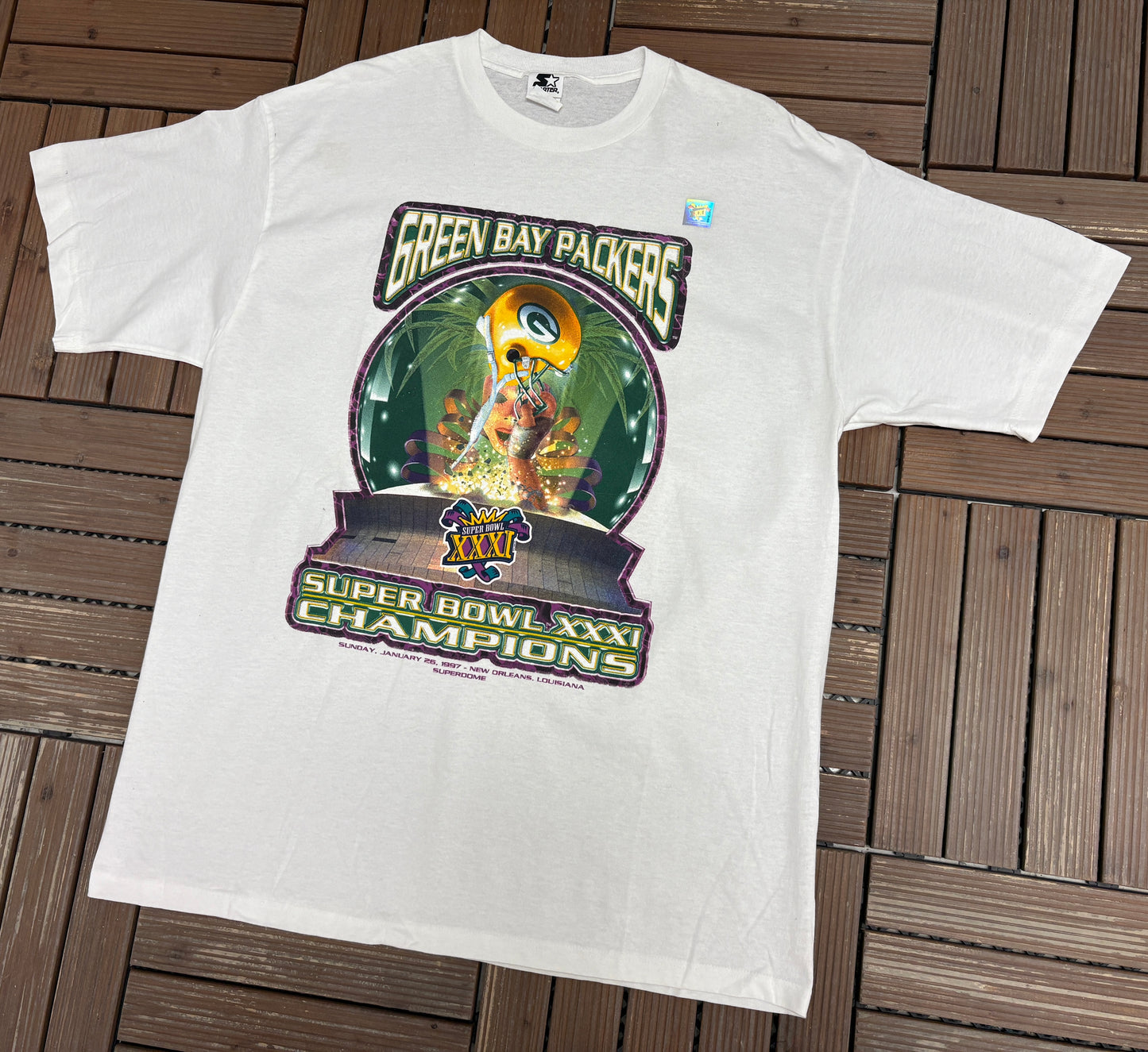 Green Bay Packers Super Bowl XXXI Champions Graphic Tee | Size Large | Vintage 1990s NFL Football White T-Shirt |