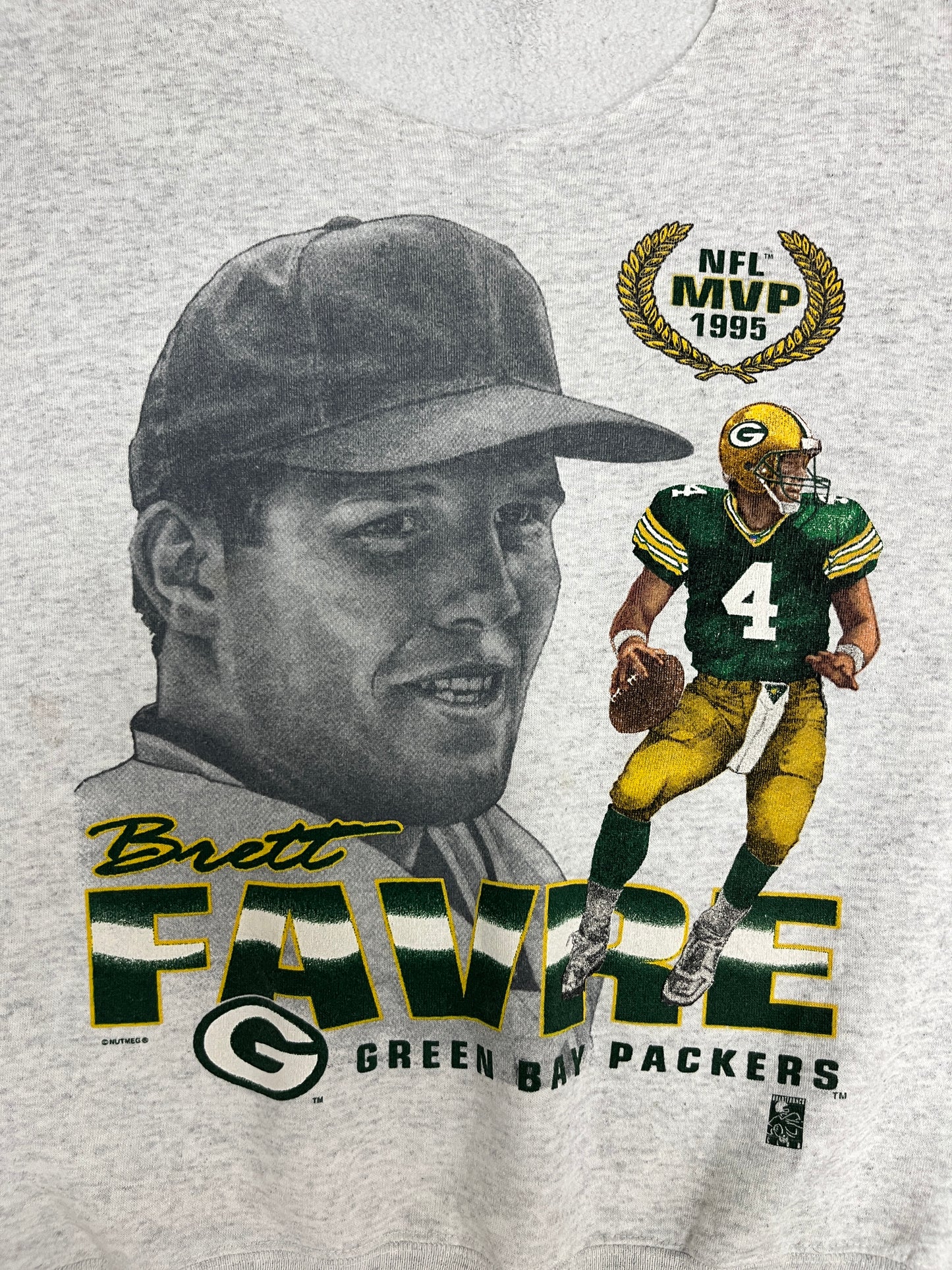 Green Bay Packers Brett Favre Graphic Crewneck | Size Large | Vintage 1990s NFL Football Grey Sweater |