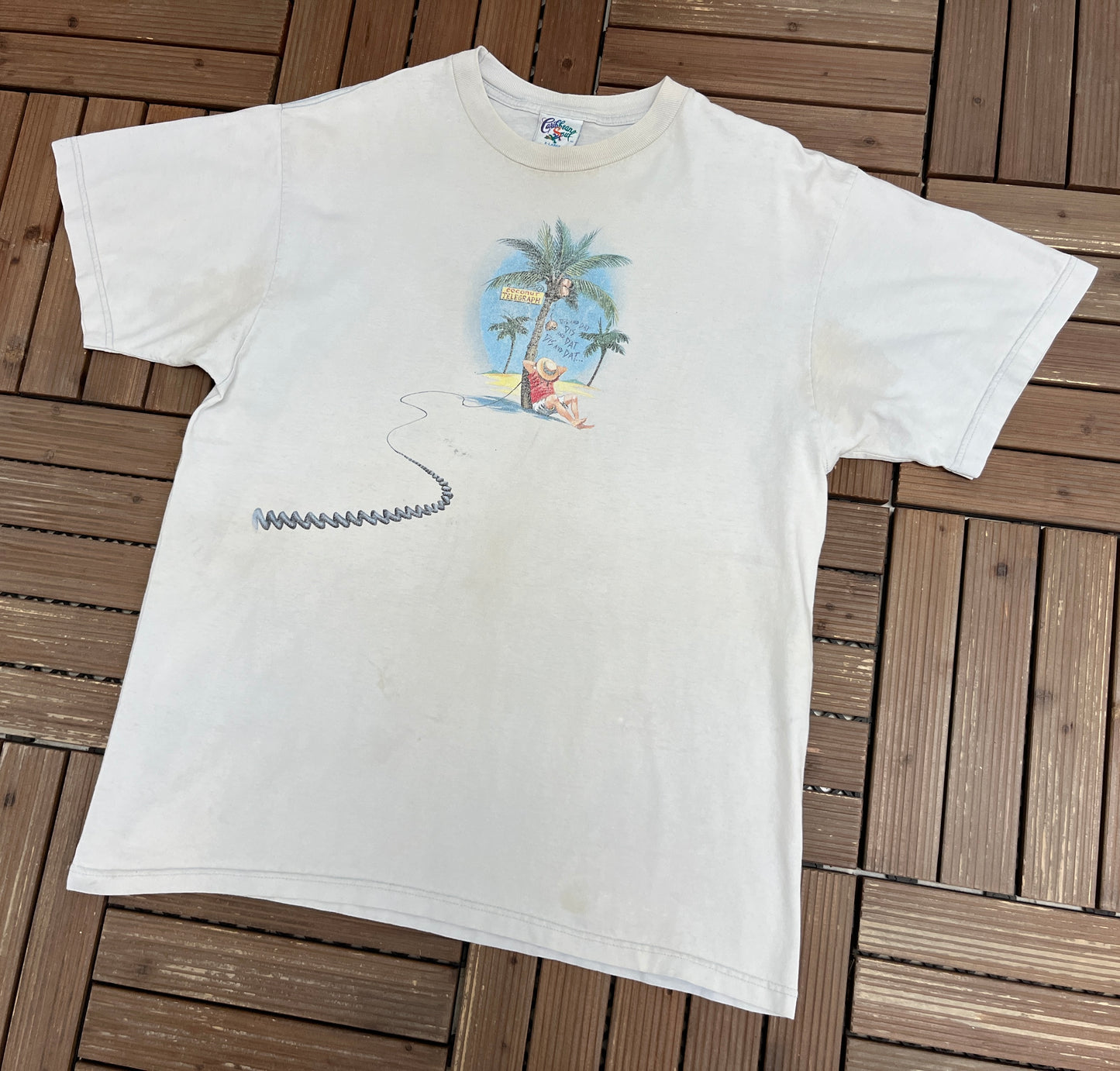 Caribbean Soul Coconut Telegraph Graphic Tee | Size X-Large | Vintage 1990s Scenic Grey T-Shirt |