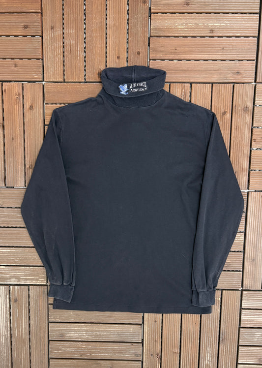 Air Force Academy Embroidered Graphic Turtleneck | Size Medium | Vintage 1990s Black Long Sleeve T-Shirt |