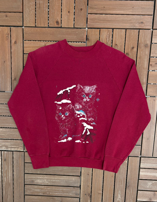 Couple Kittens Graphic Crewneck | Size Medium | Vintage 1980s Cute Animal Red Sweater |