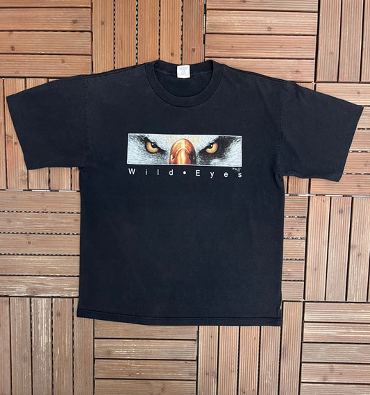 Hawk Wild Eyes Graphic Tee | Size X-Large | Vintage 1990s Animal Black T-Shirt |