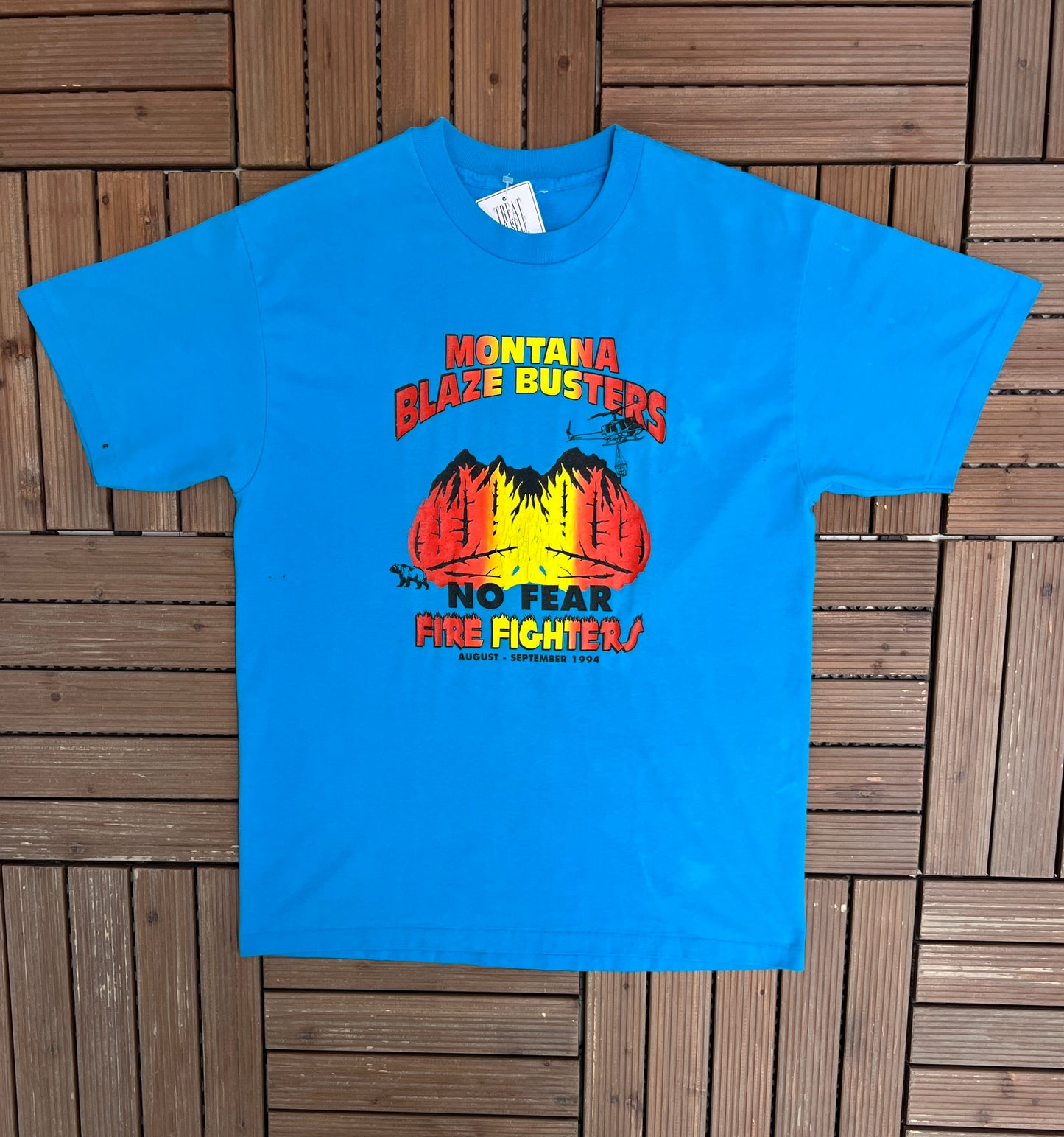 Montana Blaze Busters No Fear Graphic Tee | Size Medium | Vintage 1990s Firefighter Blue Single Stitch T-Shirt |