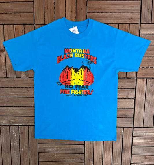 Montana Blaze Busters No Fear Graphic Tee | Size Medium | Vintage 1990s Firefighter Blue Single Stitch T-Shirt |