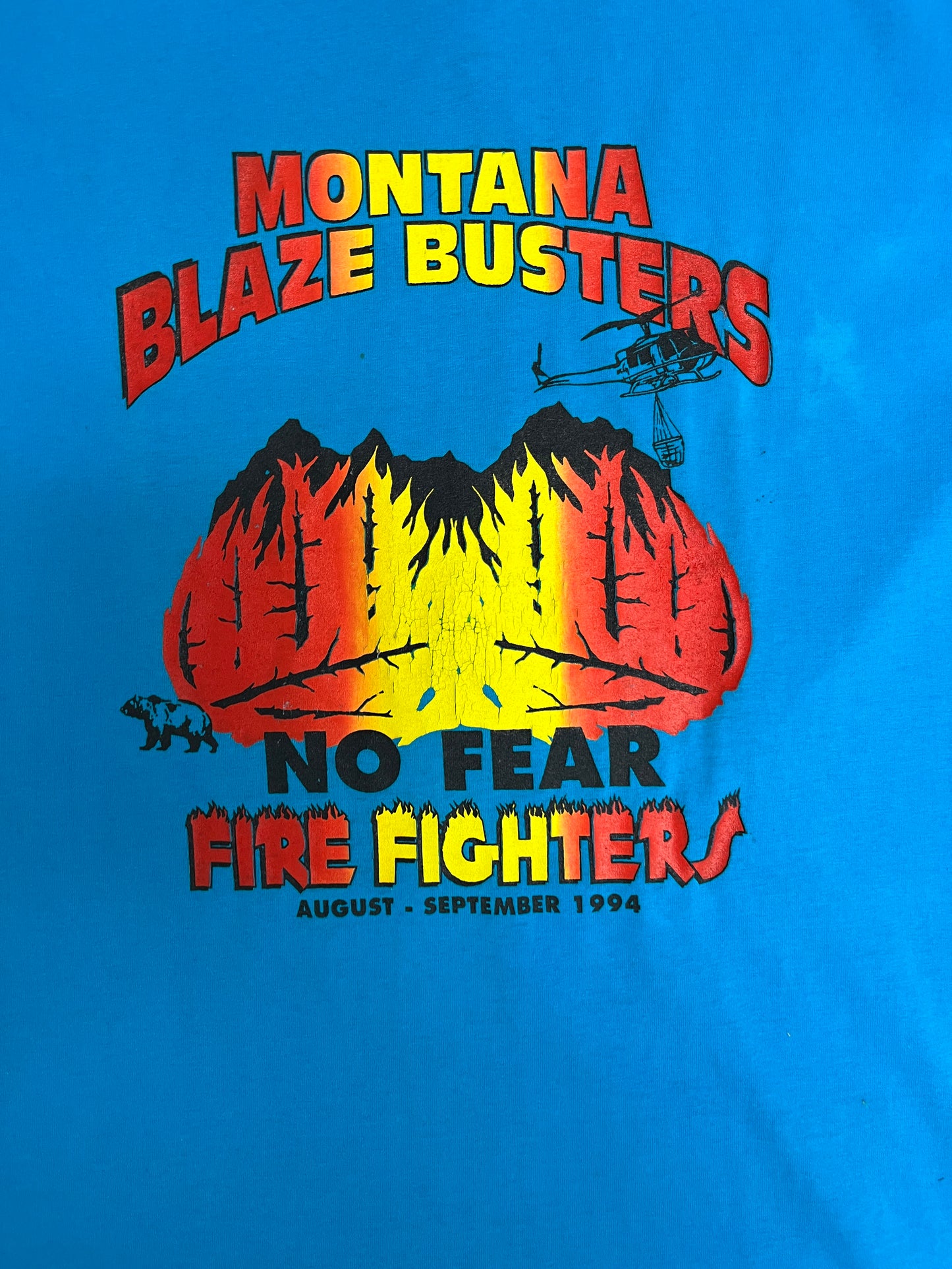 Montana Blaze Busters No Fear Graphic Tee | Size Medium | Vintage 1990s Firefighter Blue Single Stitch T-Shirt |