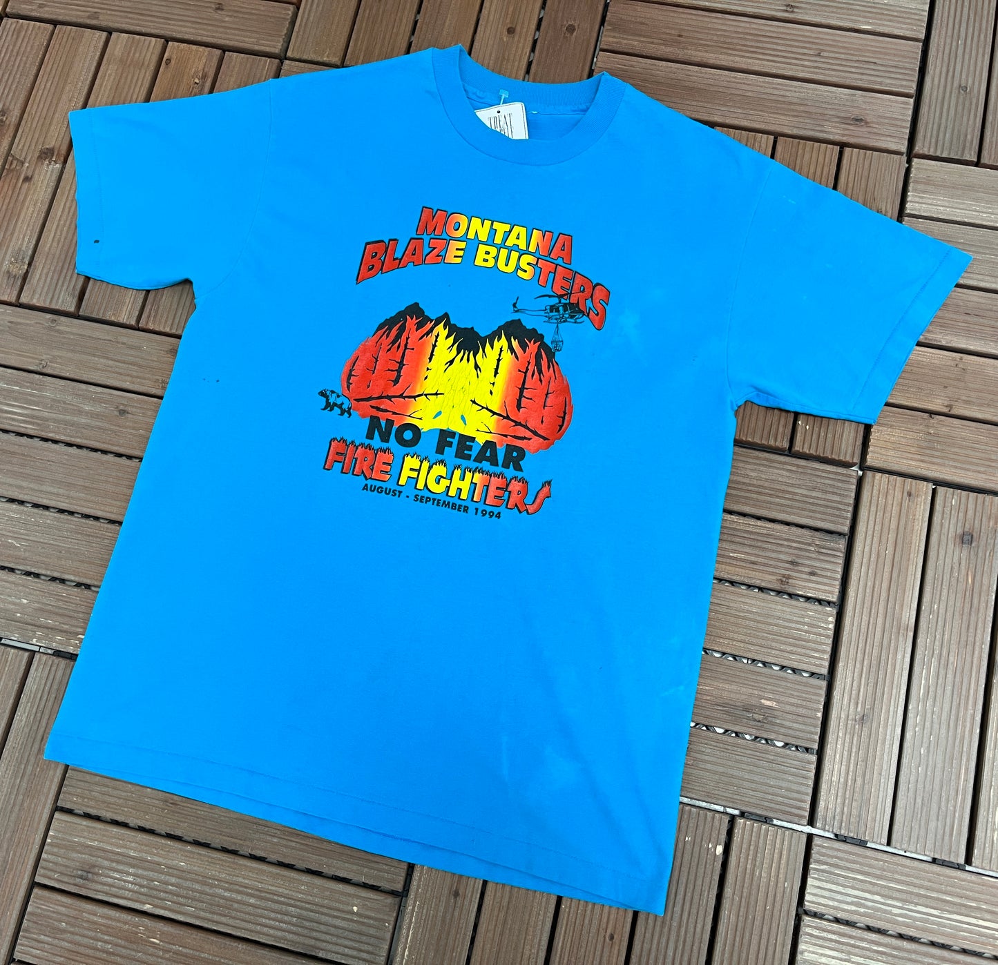 Montana Blaze Busters No Fear Graphic Tee | Size Medium | Vintage 1990s Firefighter Blue Single Stitch T-Shirt |