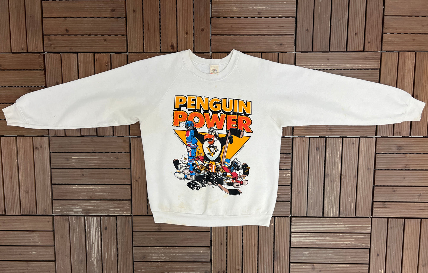 Pittsburgh Penguins Penguin Power Graphic Crewneck | Size Large | Vintage 1980s NHL Hockey White Sweater |