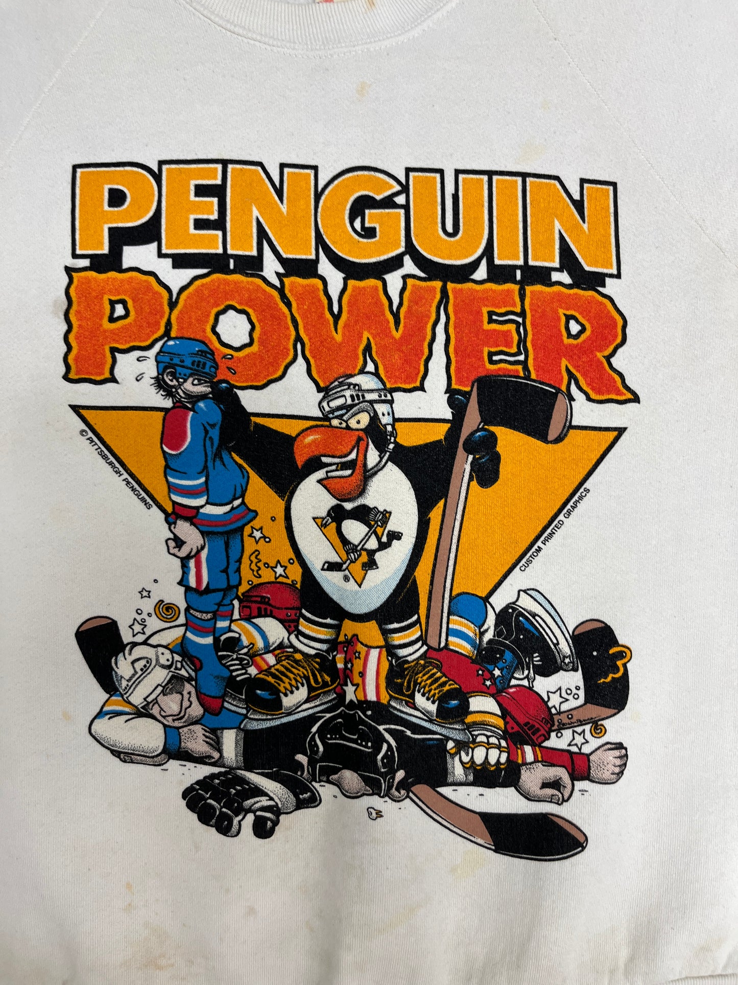 Pittsburgh Penguins Penguin Power Graphic Crewneck | Size Large | Vintage 1980s NHL Hockey White Sweater |