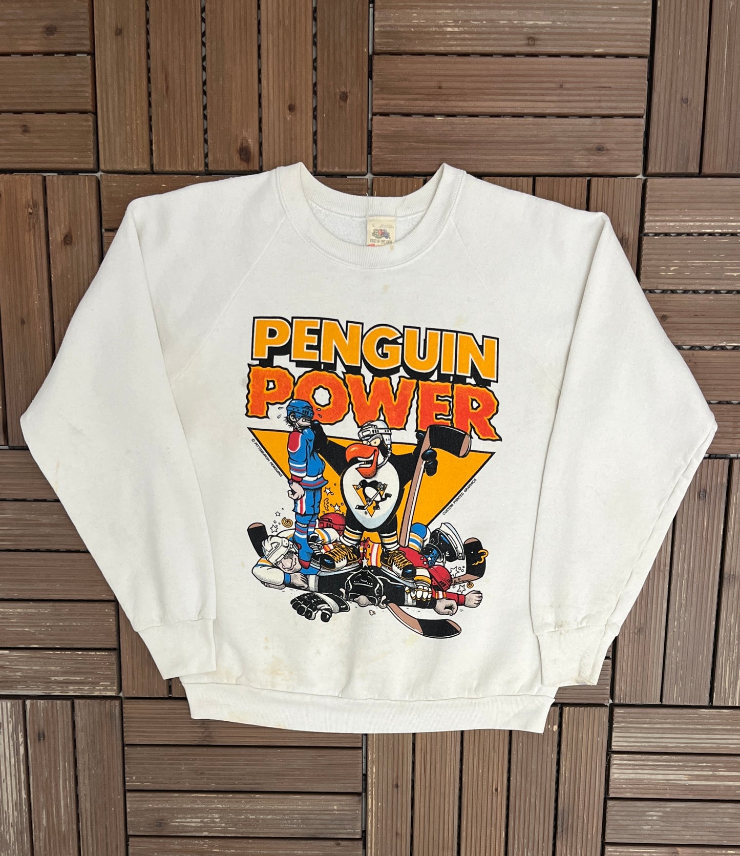 Pittsburgh Penguins Penguin Power Graphic Crewneck | Size Large | Vintage 1980s NHL Hockey White Sweater |