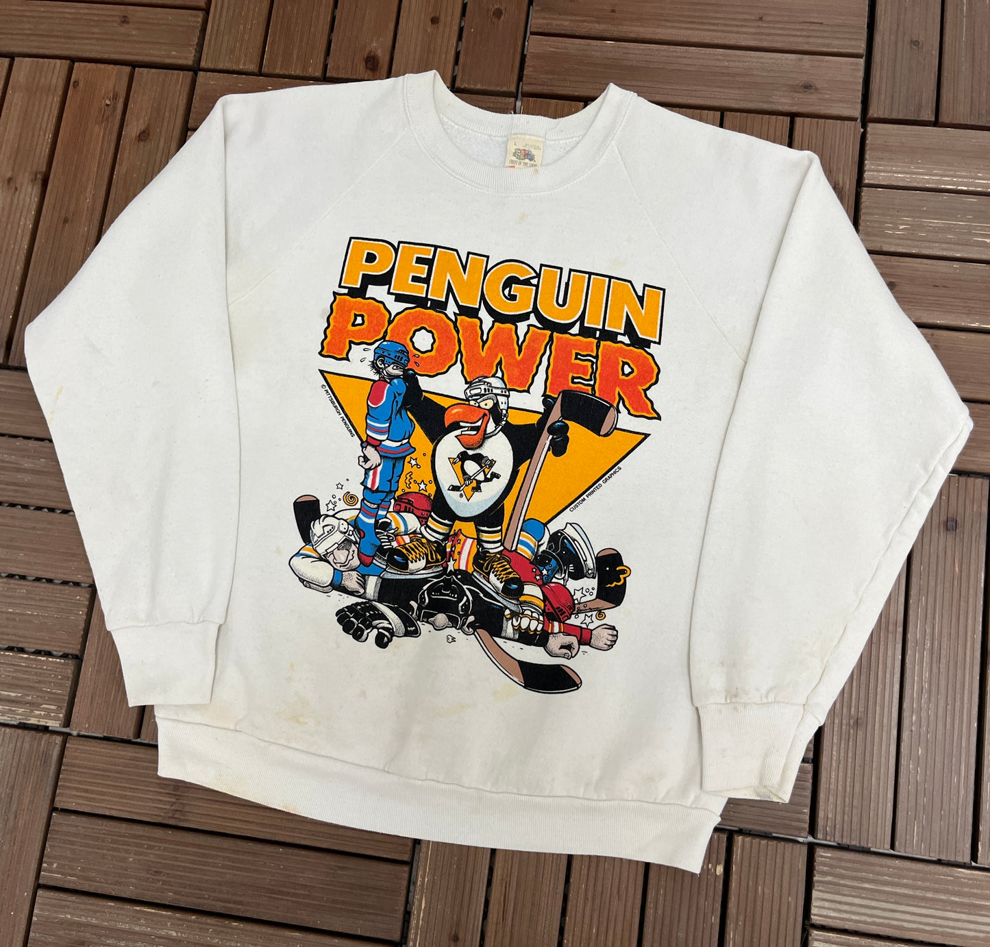 Pittsburgh Penguins Penguin Power Graphic Crewneck | Size Large | Vintage 1980s NHL Hockey White Sweater |