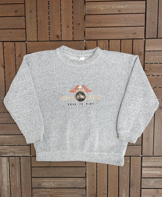 Born To Ride Motorcycle Embroidered Graphic Crewneck | Size Medium | Vintage 1990s Grey Fleece Sweater |