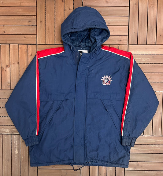 New York Rangers Graphic Puffer Jacket | Size X-Large | Vintage 1990s NHL Hockey Blue Jacket |