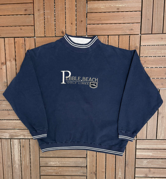 Pebble Beach Golf Links Embroidered Graphic Crewneck | Size Large | Vintage 2000s Promotional Blue Sweater |