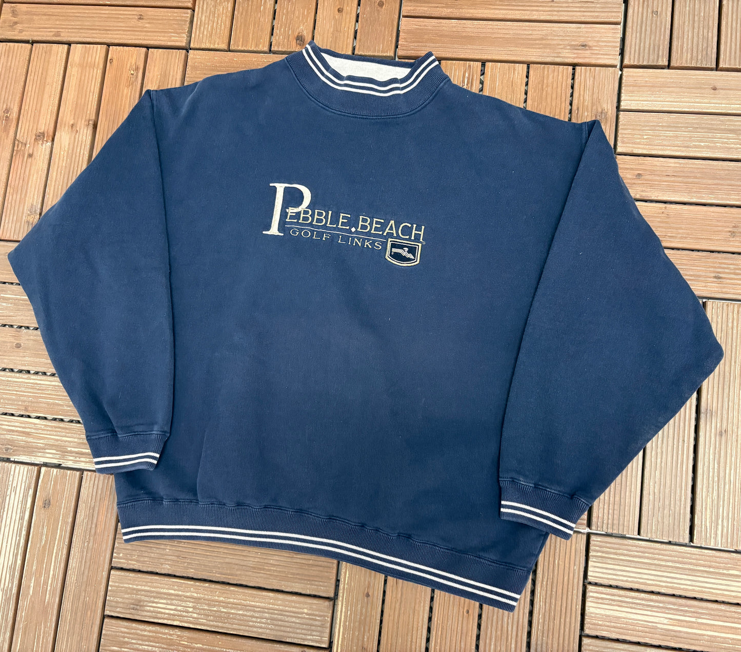 Pebble Beach Golf Links Embroidered Graphic Crewneck | Size Large | Vintage 2000s Promotional Blue Sweater |