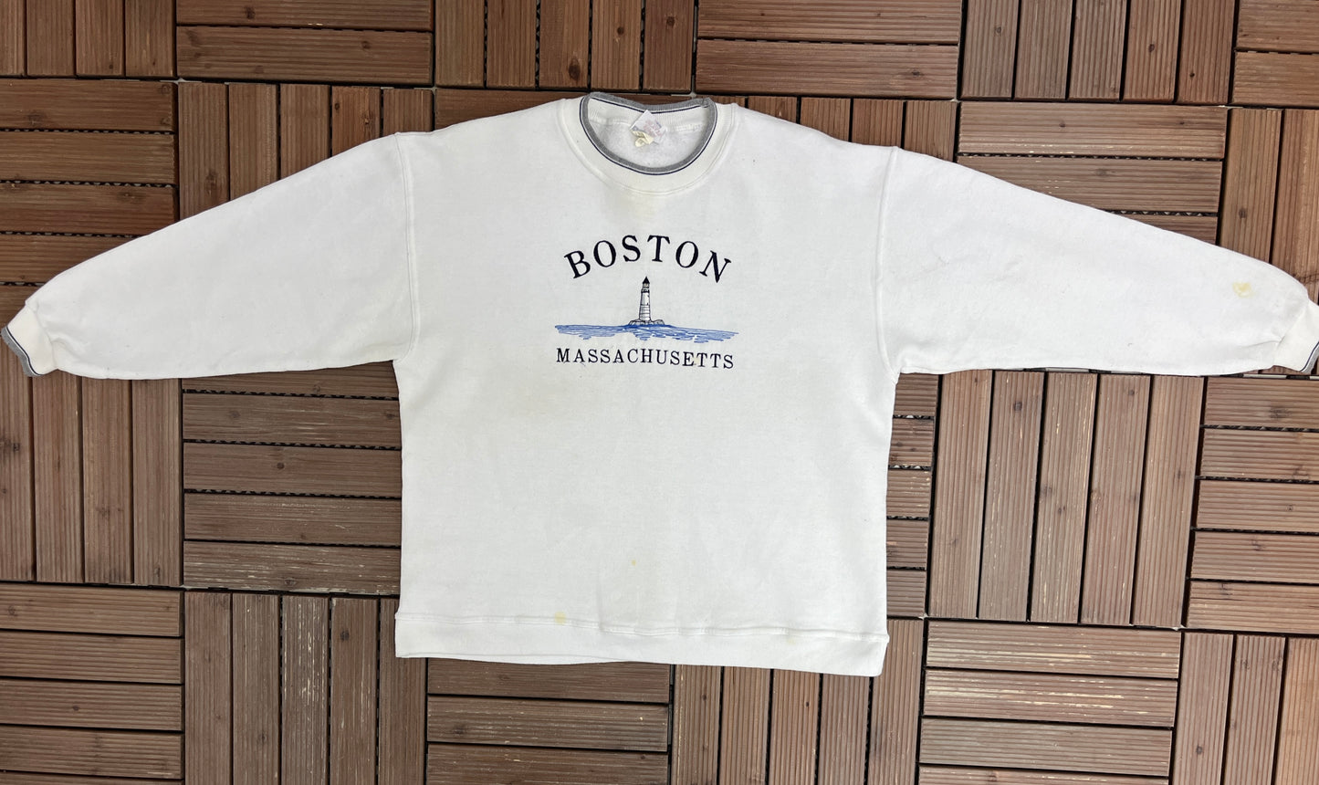 Boston, Massachusetts Lighthouse Embroidered Graphic Crewneck | Size Large | Vintage 1990s Promotional White Sweater |