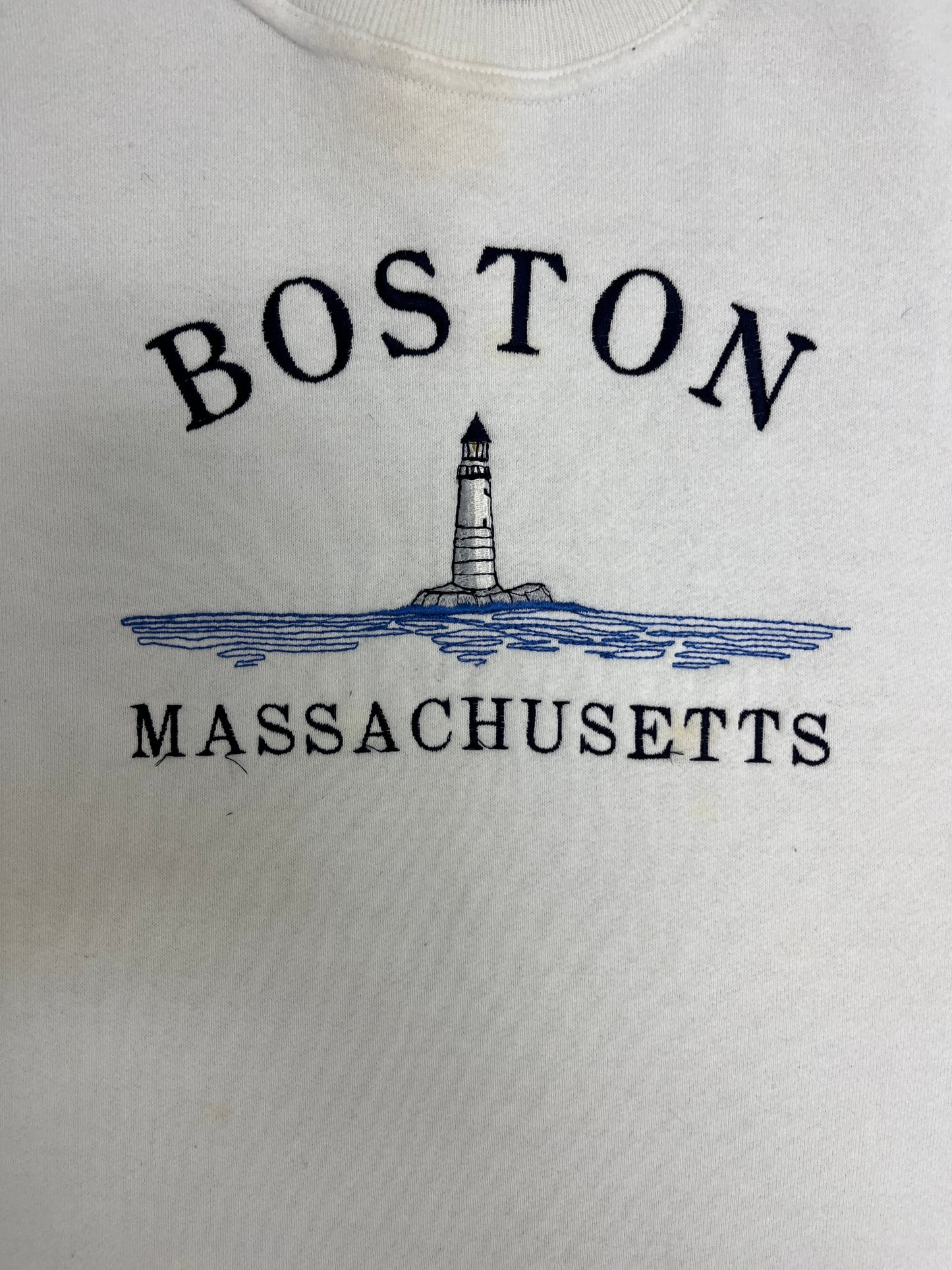 Boston, Massachusetts Lighthouse Embroidered Graphic Crewneck | Size Large | Vintage 1990s Promotional White Sweater |