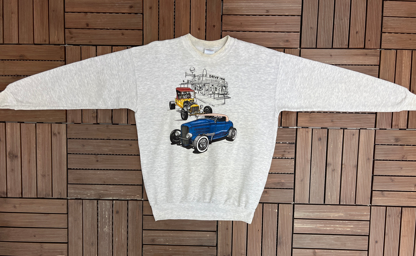 Car Drive Inn Graphic Crewneck | Size Medium | Vintage 2000s Promotional Grey Sweater |