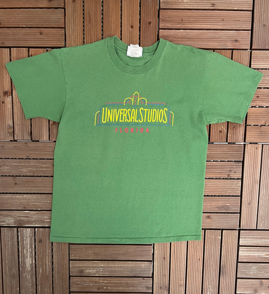 Universal Studios Florida Big Print Graphic Tee | Size Large | Vintage 1990s Promotional Green T-Shirt |