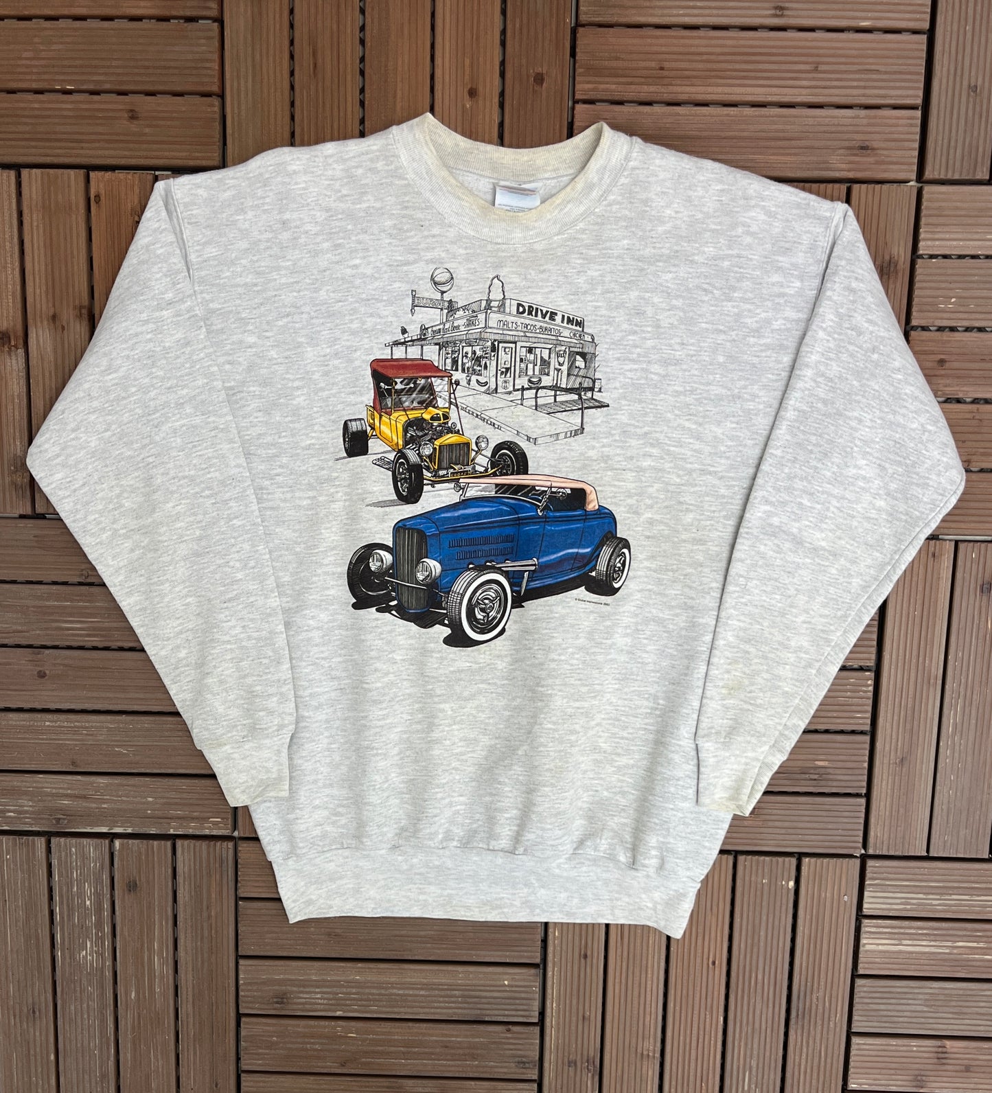 Car Drive Inn Graphic Crewneck | Size Medium | Vintage 2000s Promotional Grey Sweater |