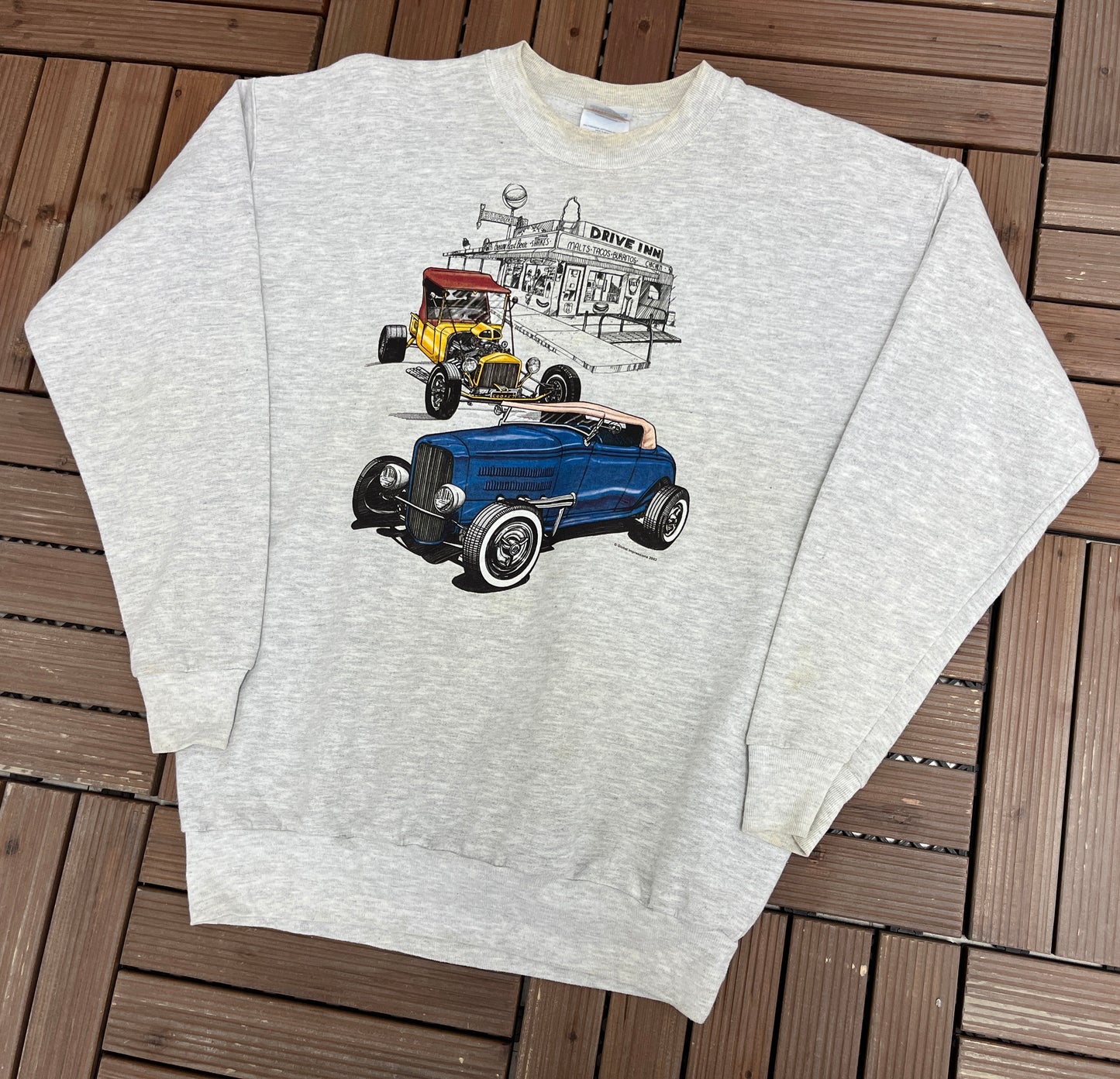 Car Drive Inn Graphic Crewneck | Size Medium | Vintage 2000s Promotional Grey Sweater |