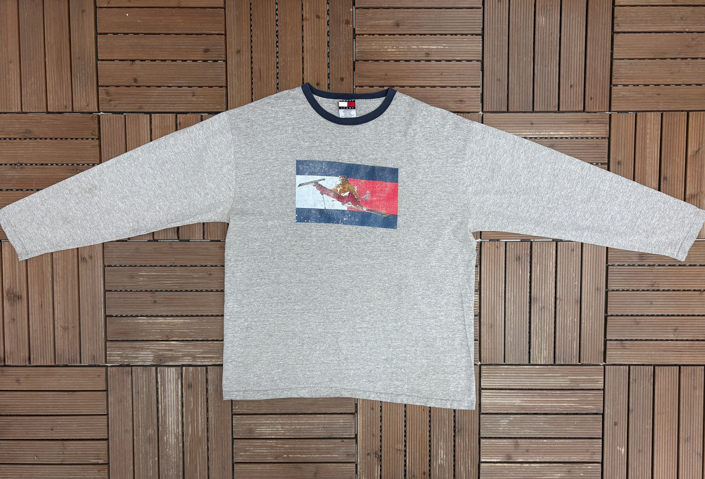Tommy Hilfiger Jeans Skiing Graphic Tee | Size X-Large | Vintage 1990s Made in USA Grey Long Sleeve |