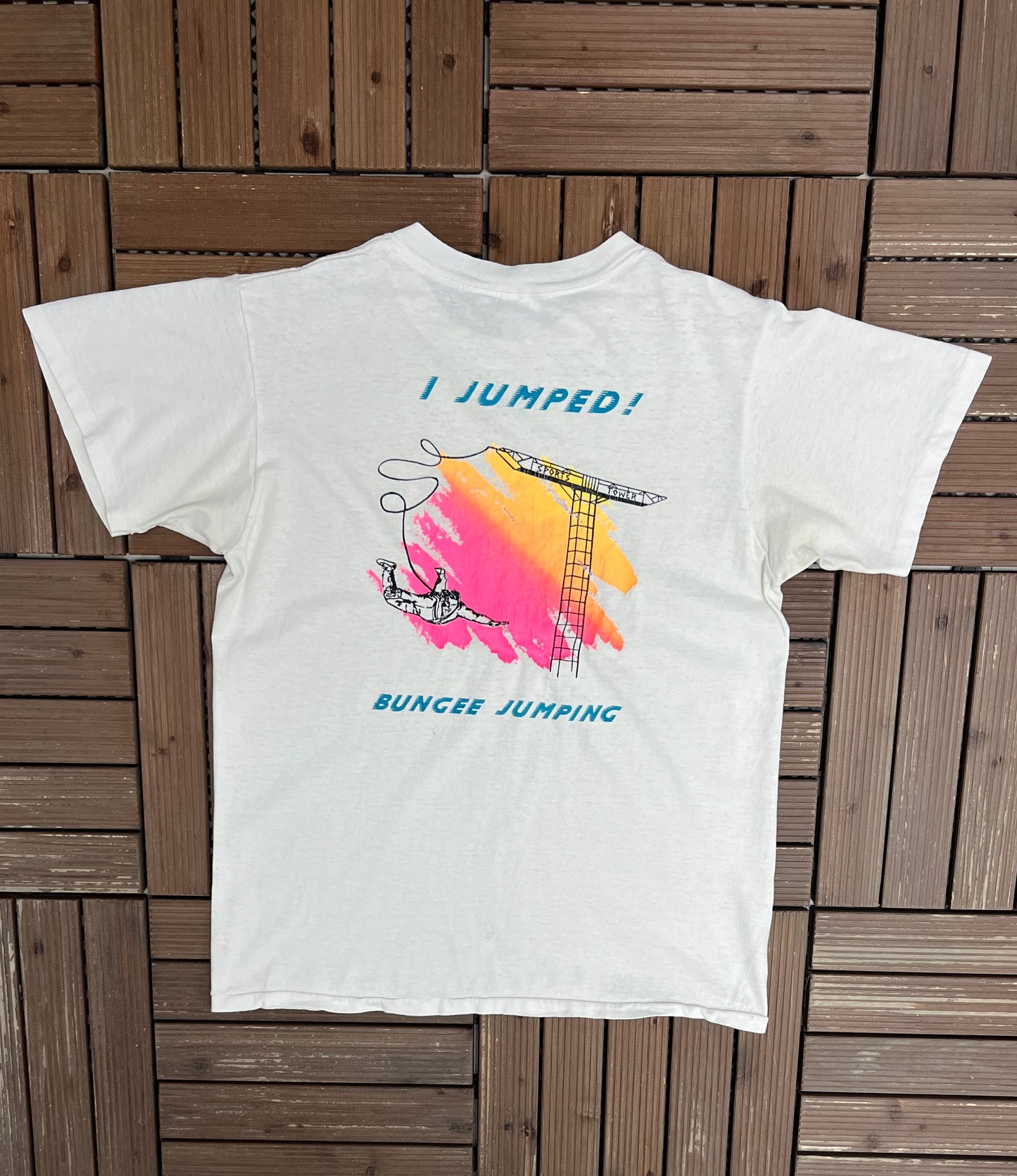 I Jumped! Bungee Jumping Graphic Tee | Size Medium | Vintage 1980s Promotional White T-Shirt |