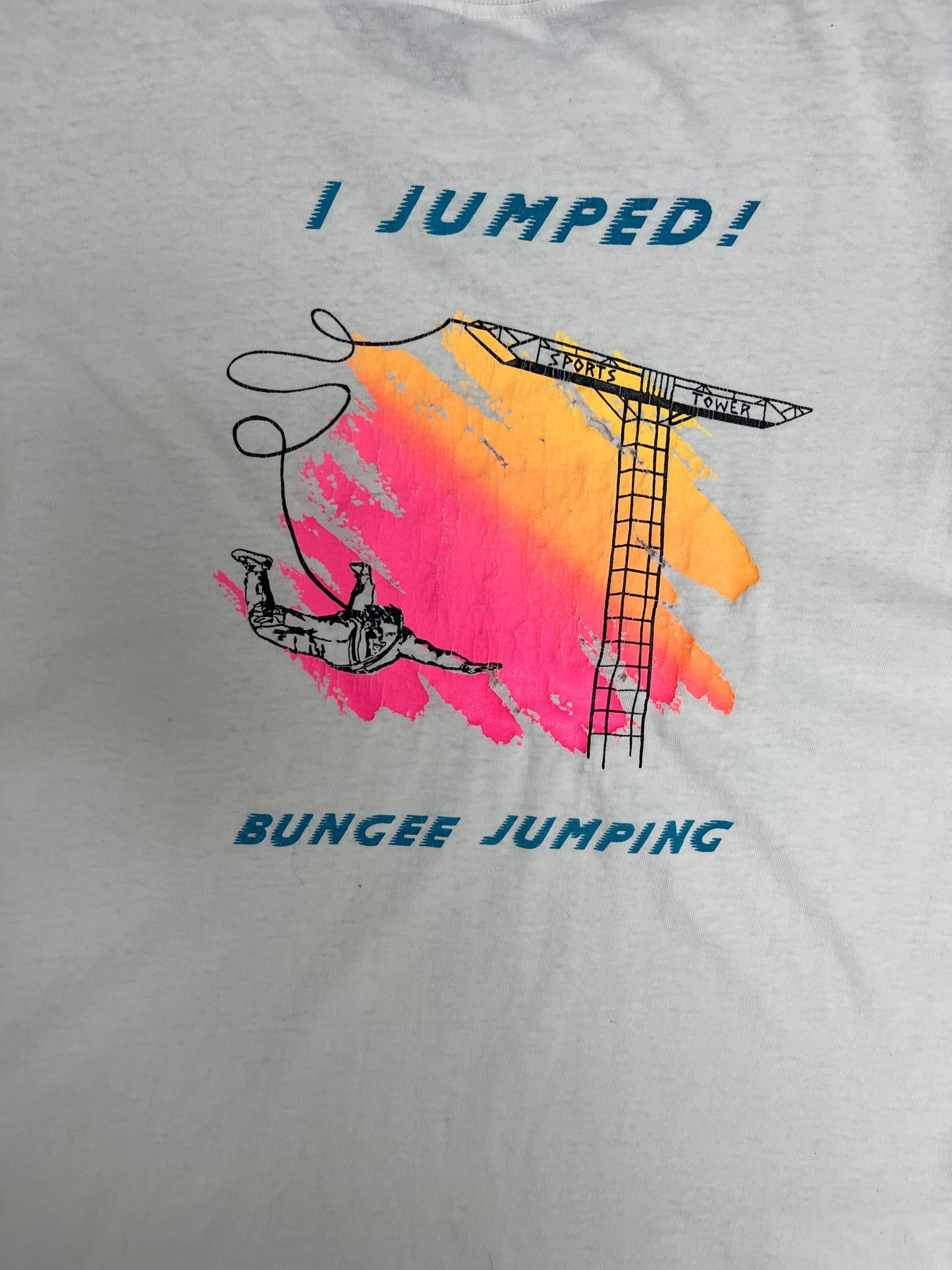 I Jumped! Bungee Jumping Graphic Tee | Size Medium | Vintage 1980s Promotional White T-Shirt |