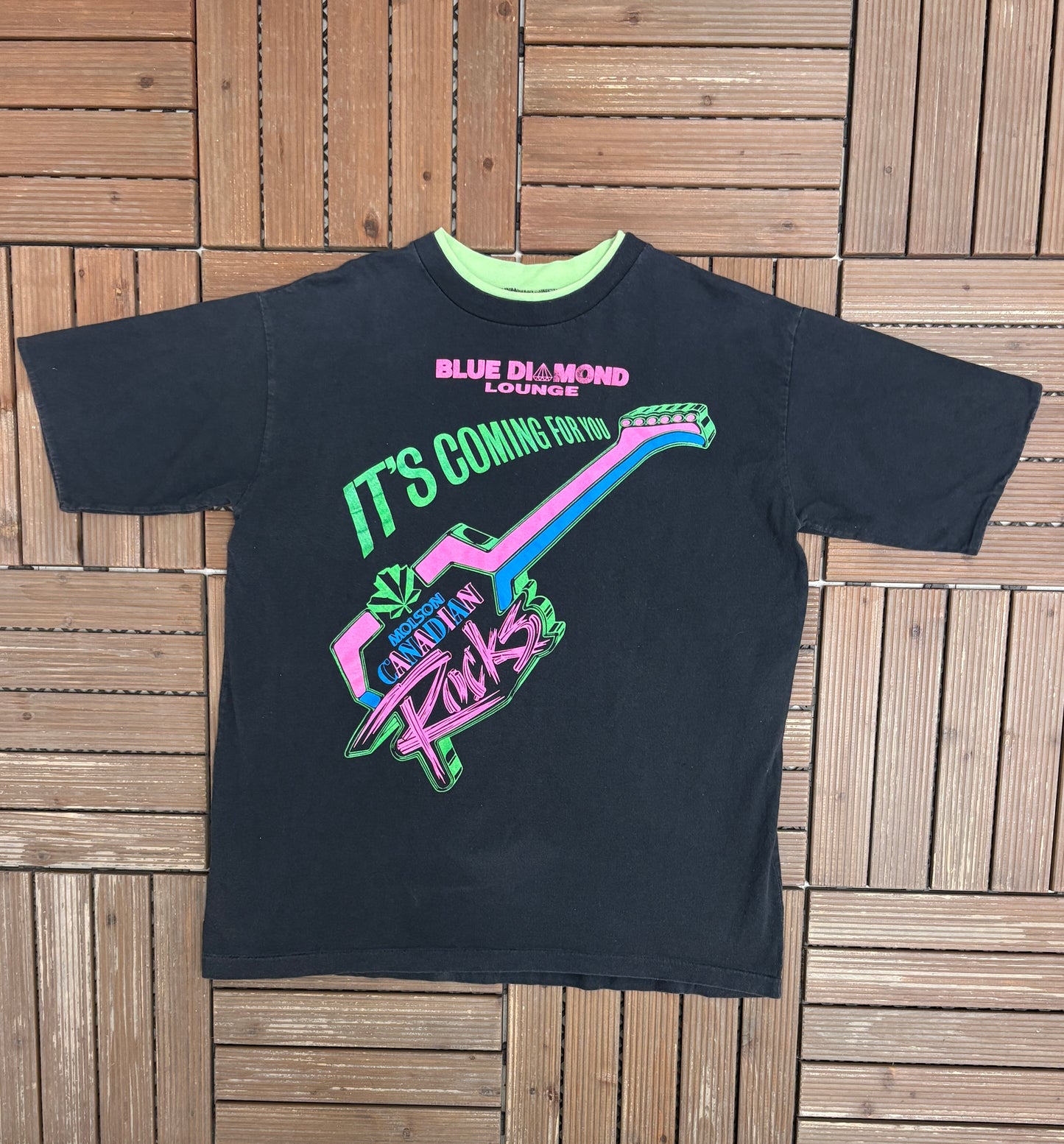 Molson Canadian Rocks Blue Diamond Lounge Graphic Tee | Size X-Large | Vintage 1990s Promotional Black T-Shirt |