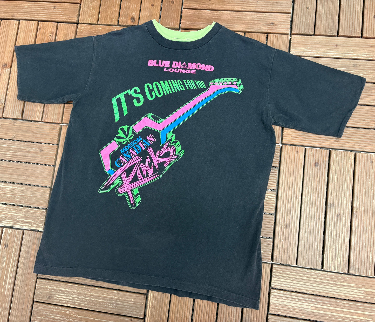 Molson Canadian Rocks Blue Diamond Lounge Graphic Tee | Size X-Large | Vintage 1990s Promotional Black T-Shirt |